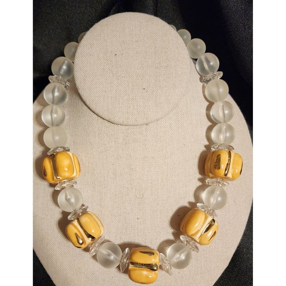 Vintage Japan Jewelry - VTG Japan Chunky Yellow Ceramic Gold Gilt Frosted Lucite  Bead Necklace 17 Inch